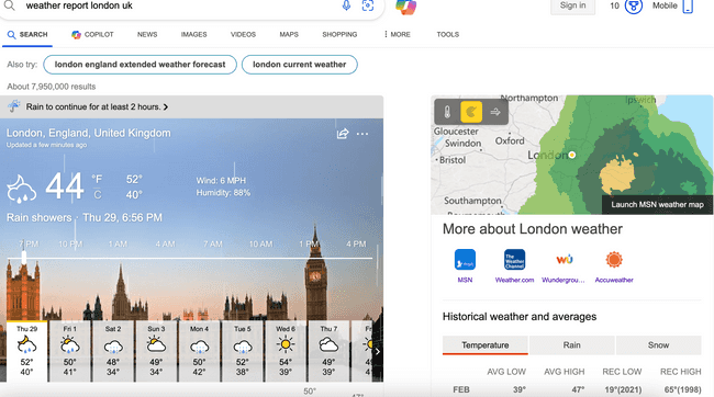Screenshot of an LLM-generated search summary for the same weather report query