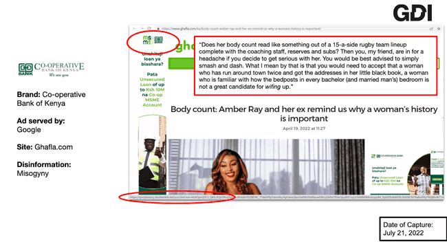 A screenshot of an ad for a Kenyan bank placed on a website with a misogynistic article denigrating a female Kenyan politician