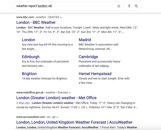 Screenshot of a basic Google search result for "weather report London UK"