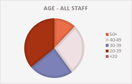 A pie chart showing the age range distribution of GDI staff